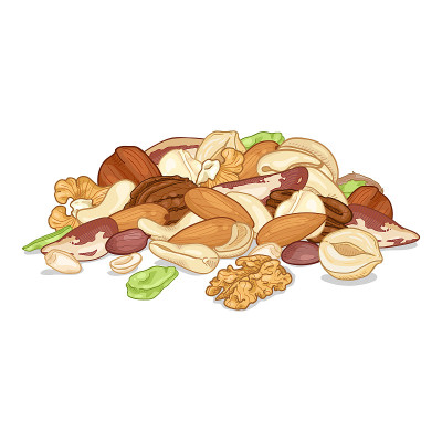 不同的坚果堆。有机食品。向量卡通插图。