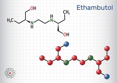 乙胺丁醇е,EMB分子。它是一种用于治疗肺结核的抑菌剂。结构化学式和分子模型
