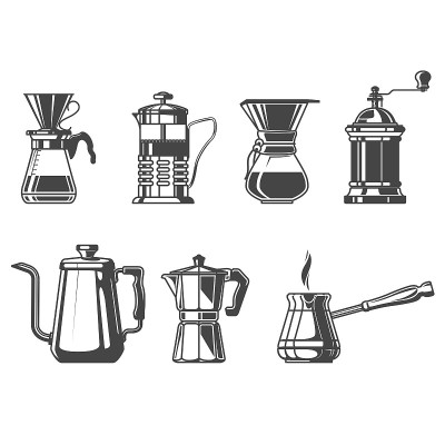 煮咖啡和茶餐具，法式压滤机，cezve，水壶和摩卡壶，咖啡师工具，矢量
