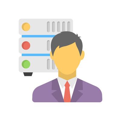 电脑服务器与人的剪影。数据中心员工签名。平的图标说明。