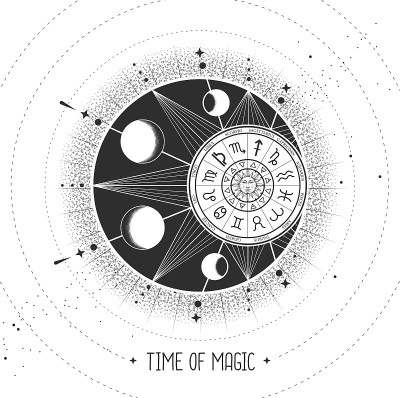 现代魔术魔术卡与占星术日月标志与人脸。白天和黑夜。占星轮与黄道星座。星座矢量图