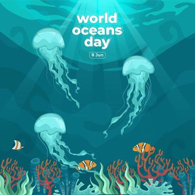 6月8日世界海洋日。拯救我们的海洋。水母和鱼在水下游泳与美丽的珊瑚和海藻背景矢量插图。