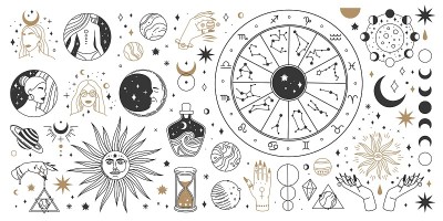 神秘占星术，波西米亚天国和魔法神秘元素。神圣神秘的月亮，太阳，星星，生肖符号和星座向量集