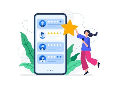 一位年轻的女士评价顾客的反馈。对客户有用的评论。选择评级评论应用程序，客户评论。