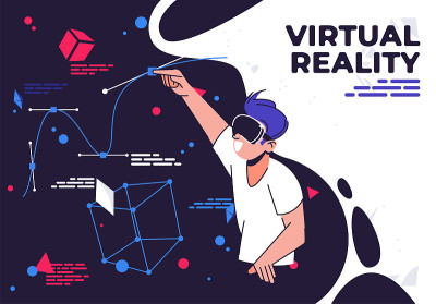 矢量插图的一个人在VR眼镜，设计在虚拟现实，平面设计