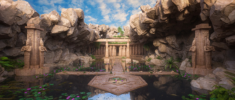 一个古老的幻想与湖和石像寺庙的宽全景3D插图。
