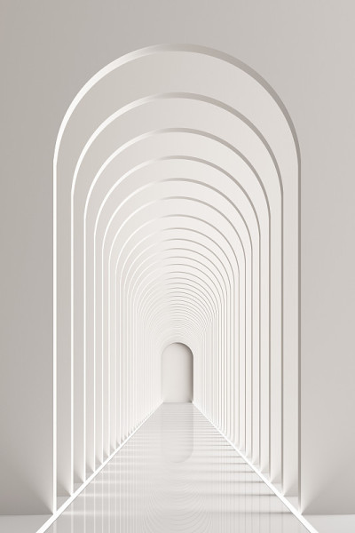 3d渲染弧节奏走廊与LED条在白色基调