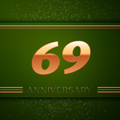 现实的69年69周年庆祝标志。绿色背景上的金色数字和金色五彩纸屑。彩色矢量模板元素为您的生日派对