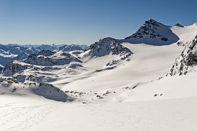全景横跨雪域山谷的高山山脉