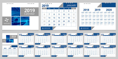 2019年日历设定周开始周日企业设计模板向量。