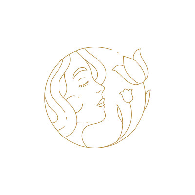 线性简单的标志女性脸闻郁金香在手画圆形框架美容水疗沙龙向量