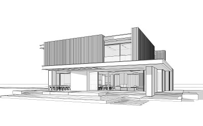 现代住宅的3d渲染，用木板立面，白色背景上的黑色线条