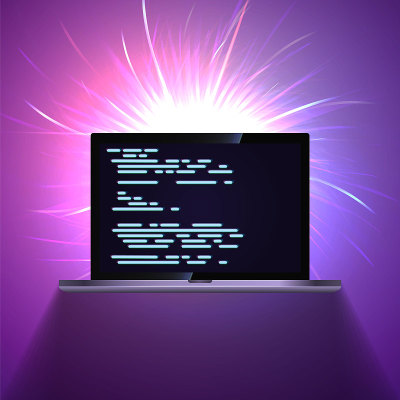 Portable laptop on glowing dark abstract technolog