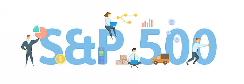 S and P 500, stock market index. Concept with keyw