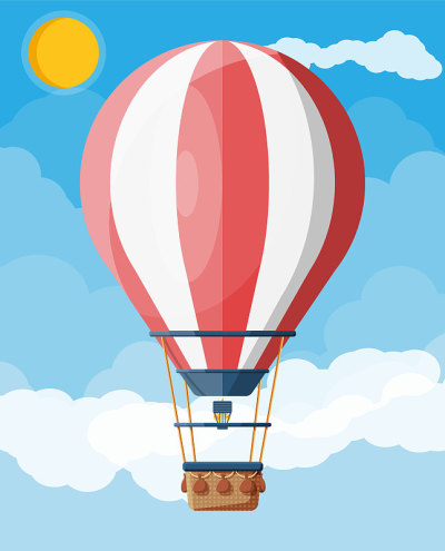 热气球在天空中带着云朵和太阳