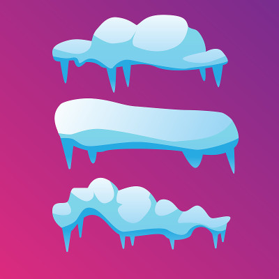 三顶有融化的冰柱的雪帽。矢量插图。