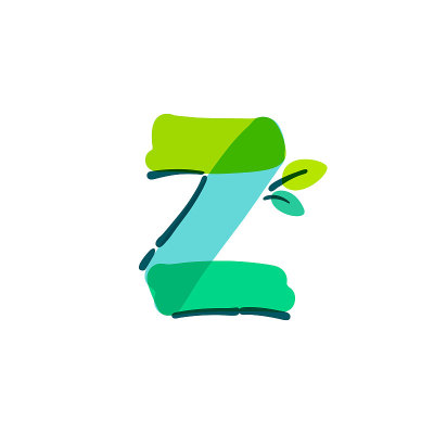 Z字母标志与绿叶手写与毡尖笔。