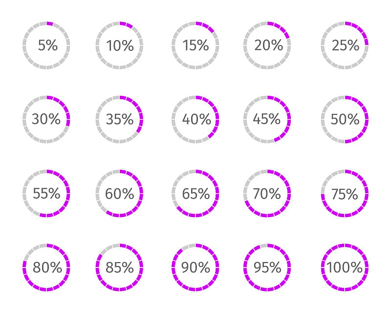 用百分数划分从1到20段的圆形装载杆。进度，等待或下载符号设置。信息图形动画元素的网站界面