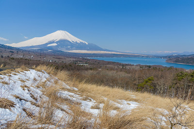 阳光明媚的山中湖与富士山，山梨县，日本