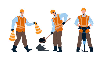 道路工人修复街道基础设施向量
