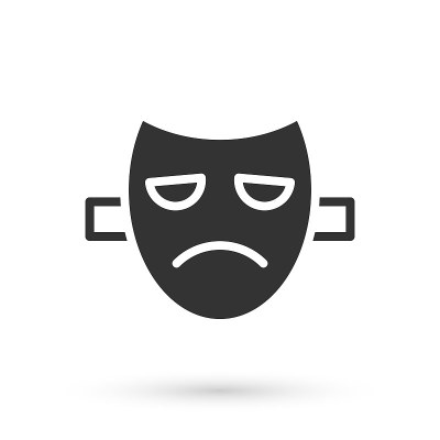 灰色戏剧戏剧面具图标孤立在白色背景。向量