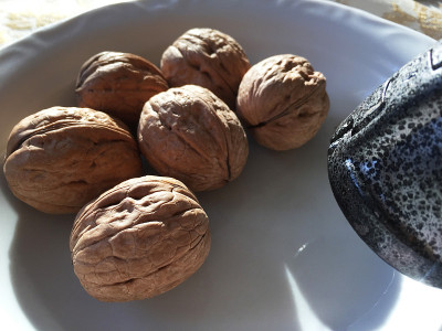 白色盘子里的核桃和胡桃夹