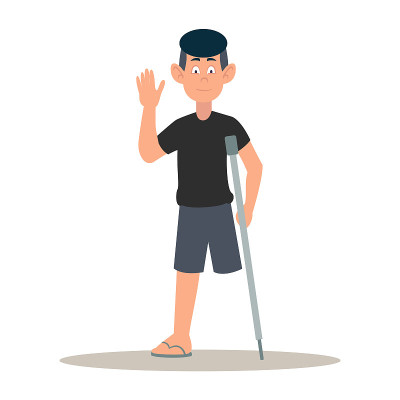 禁用的年轻人。一个快乐的微笑的男人，一条腿站在拐杖上，挥舞着他的手。残疾人与身体障碍的概念。卡通矢量