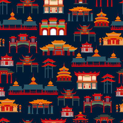 无缝矢量模式与黑白中国传统建筑