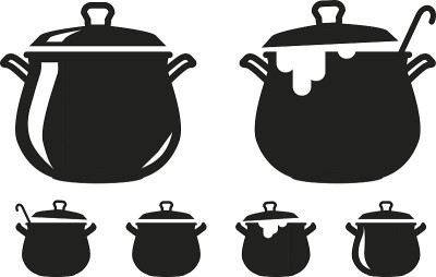 锅带盖，汤锅剪影。烹饪，烹饪，烹饪，烹饪艺术，厨房图标或图标。矢量图