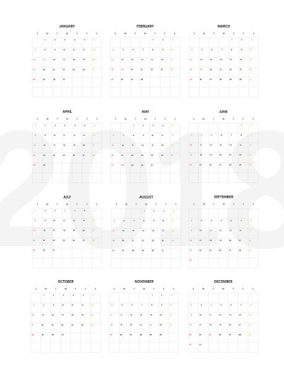 2018年日历模板。平面设计模板
