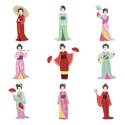 日本艺伎在不同的和服设置