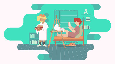 腿断了打石膏的人。朋友关怀在现代室内。残疾人士概念图。平面矢量EPS 10