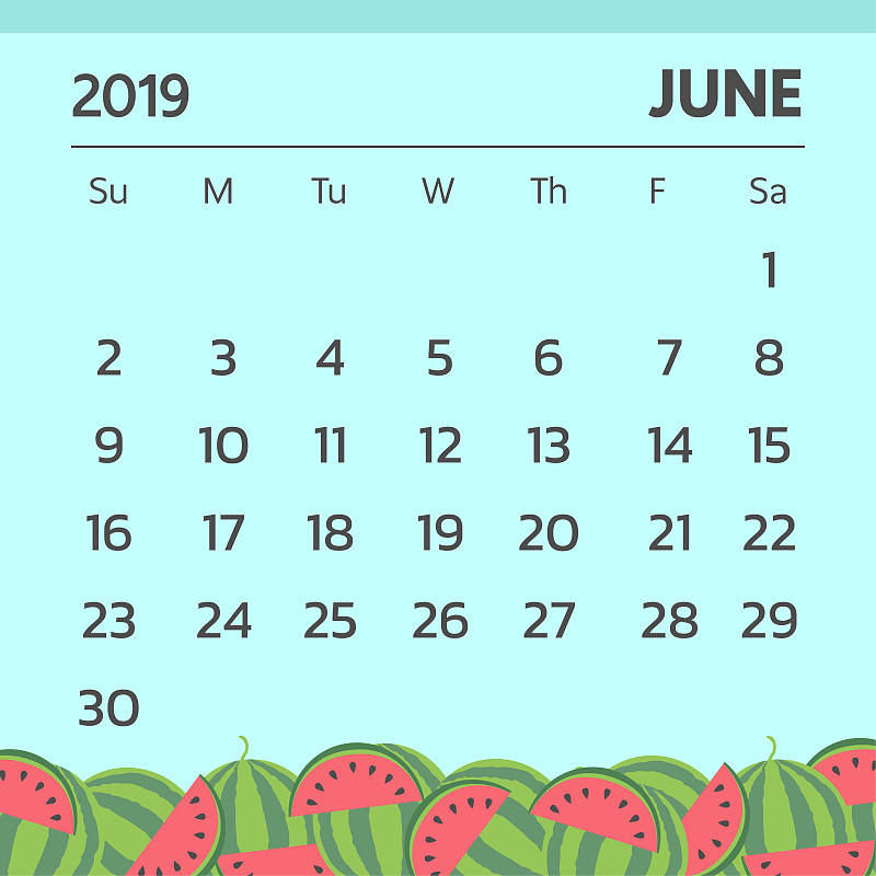 日历为2019年6月西瓜主题-向量