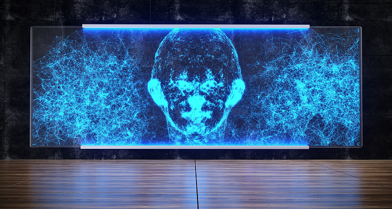 未来科幻人工智能概念丛人的头部全息图在混凝土墙玻璃与地板反射3D渲染
