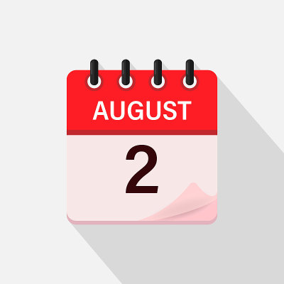 8月2日，日历图标带影子。日、月。平面向量插图。