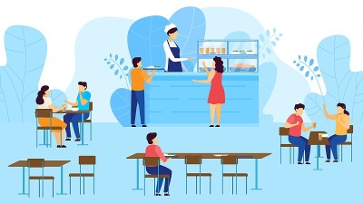 学校食堂、自助餐厅，小朋友拿托盘装食物，吃