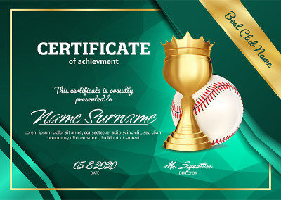 Baseball Certificate Diploma With Golden Cup Vecto
