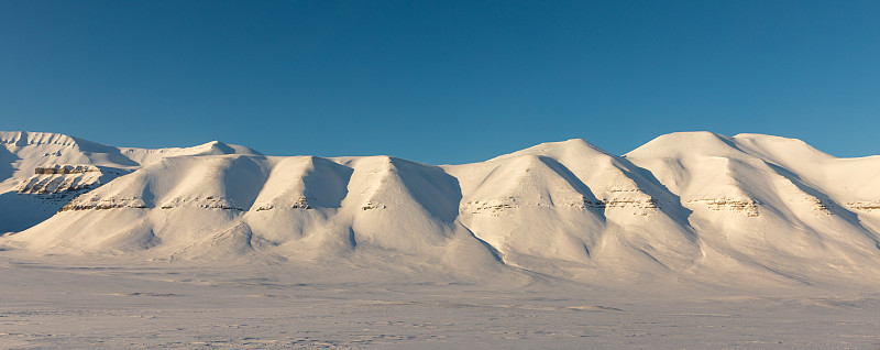 挪威斯瓦尔巴特群岛上冰雪覆盖的山脉的北极冬季景观