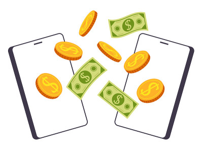 非接触式现金交易从手机到手机的概念。矢量平面平面设计说明