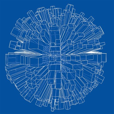 抽象3d球体与城市，蓝图风格