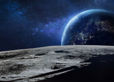 月球表面和蓝色地球行星在夜晚深空。阿耳特弥斯计划。阿波罗计划。城市的灯光。这张图片的元素是由美国宇航