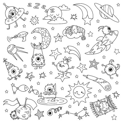 卡通小外星人在太空。涂鸦插图着色页