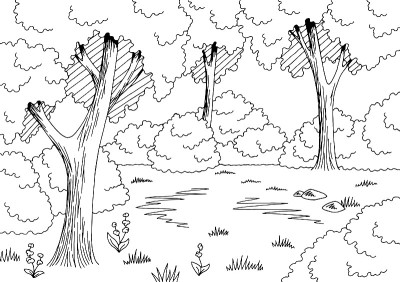 森林林间空地图形黑白景观素描插图向量