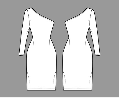 长袖单肩技术时尚插画，合体，及膝铅笔裙。平的服装