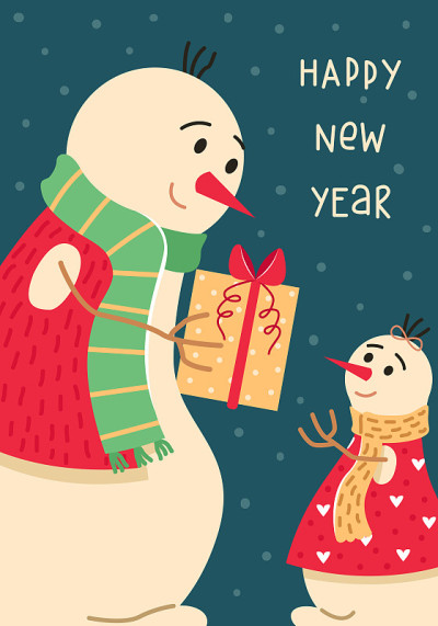圣诞贺卡和一个雪人家庭。爸爸给了女儿一个礼物。新年贺卡。