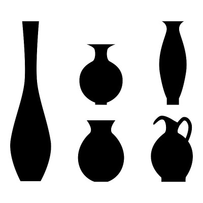 一组各种形状的花瓶和容器的黑色剪影。矢量插图。