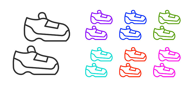 黑线健身运动鞋训练鞋，跑步图标隔离在白色背景。运动鞋子。设置图标丰富多彩。向量
