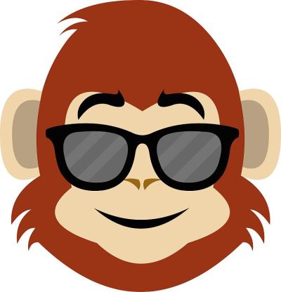 矢量emoticon插图卡通猴的头，带着愉快的表情，戴着墨镜