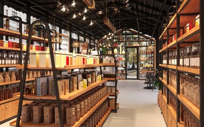 3D渲染的自助餐厅和餐厅