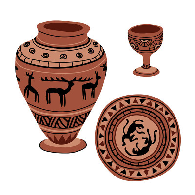 set of an ancient pottery, a vase, a dish, a cup w